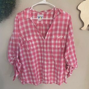 Columbia pink and white checkered Print Light Cotton Half Button Top XL